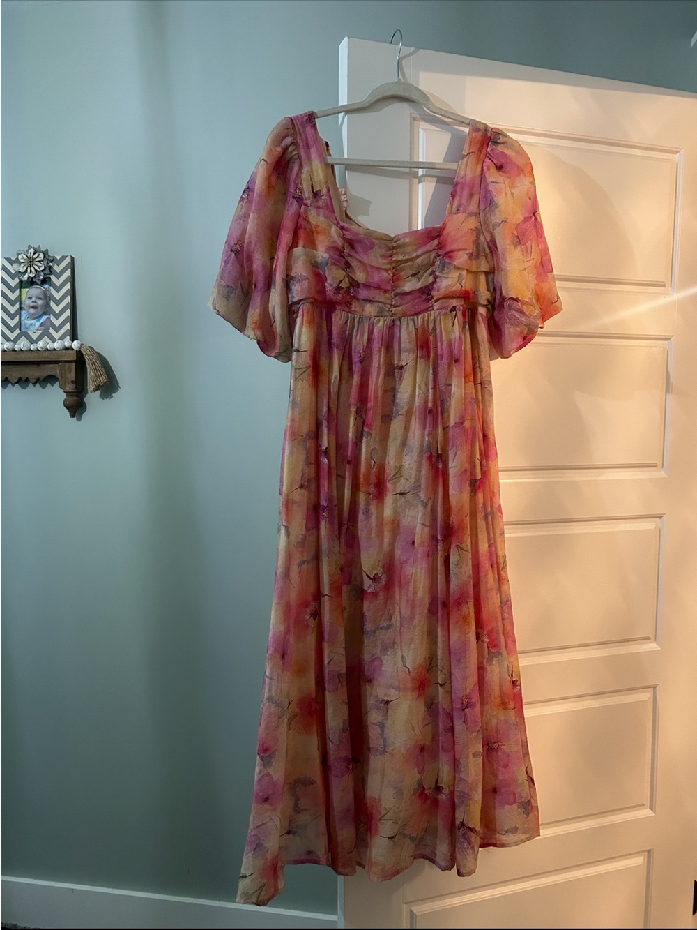 Floral Pink and Peach Midi Dress with Puff Sleeves